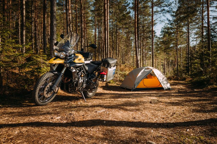 Zelt und Motorrad auf einer Lichtung im Wald