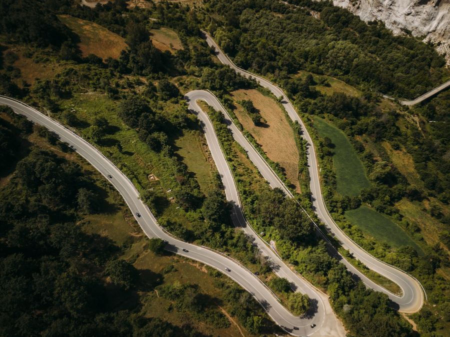 Hairpin bends in Albania, from the air – motorcycle tour