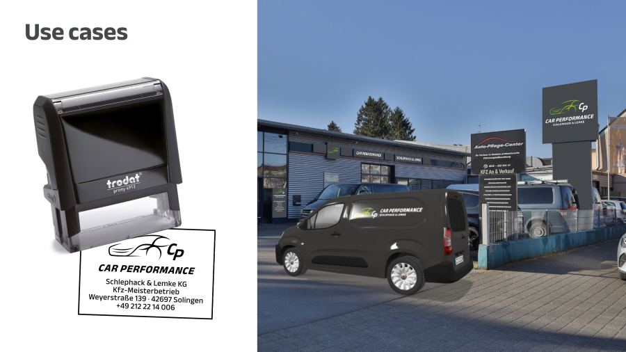 Digital composition: the new logo on the building, sign and vehicle