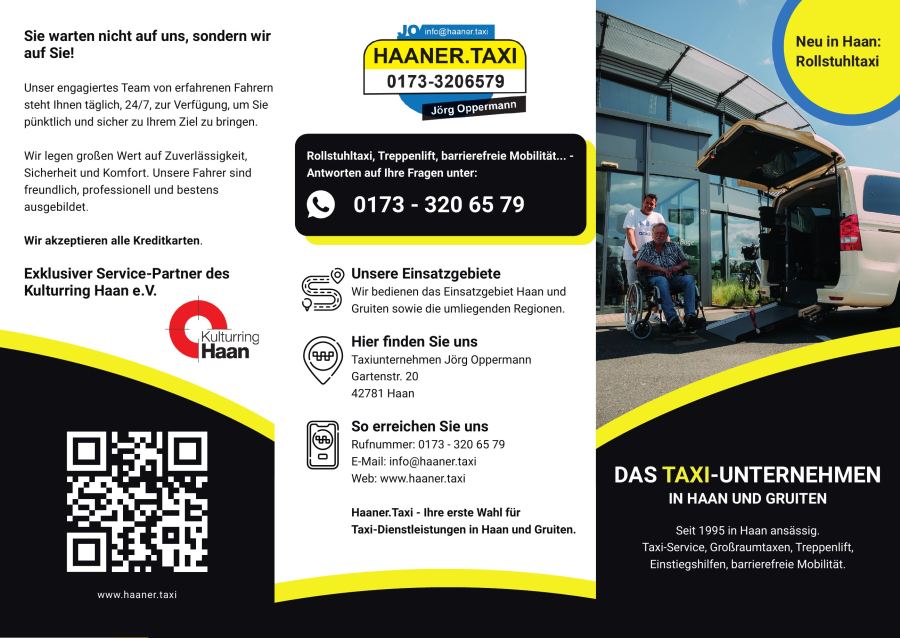Haaner.Taxi flyer: outside with title, contact details and wheelchair-accessible taxi